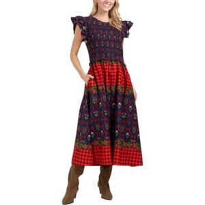 LEA Flutter Sleeve Plaid Floral Maxi Dress